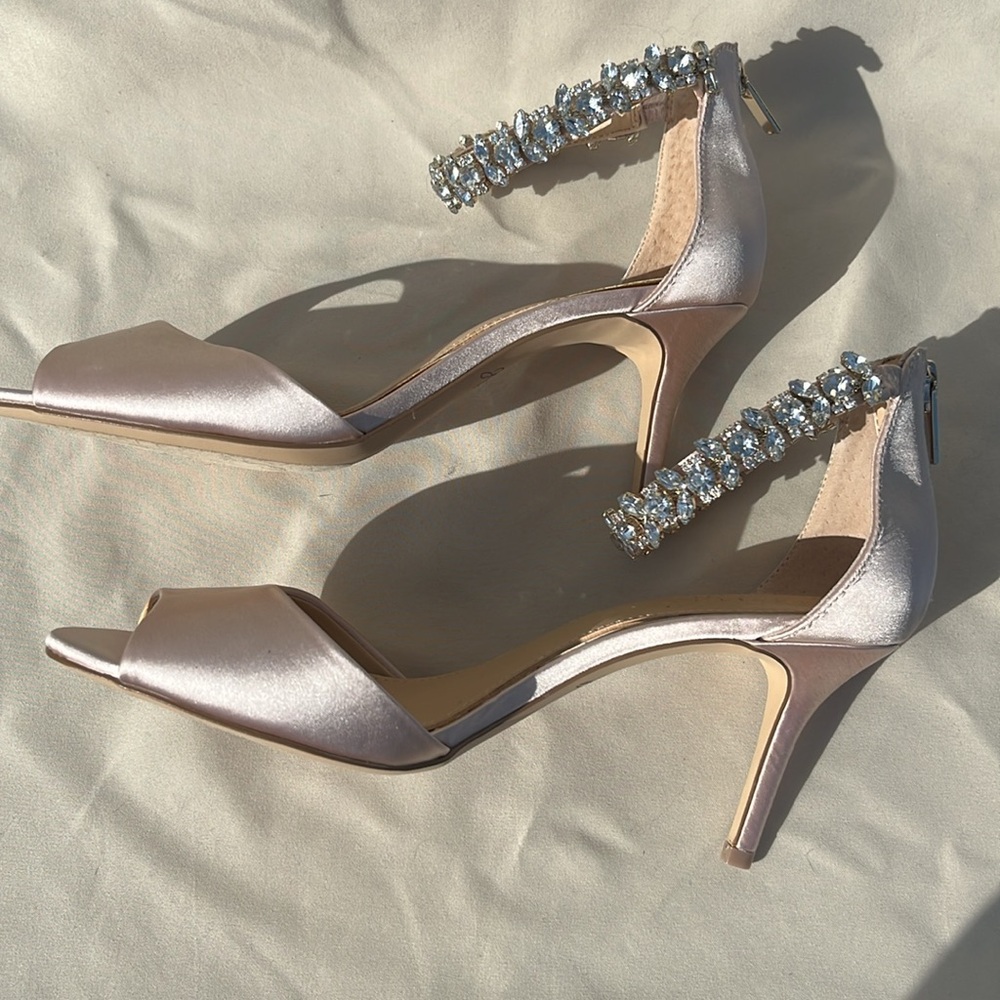 Jewel Badgley Mishka satin crystal stilettos heels